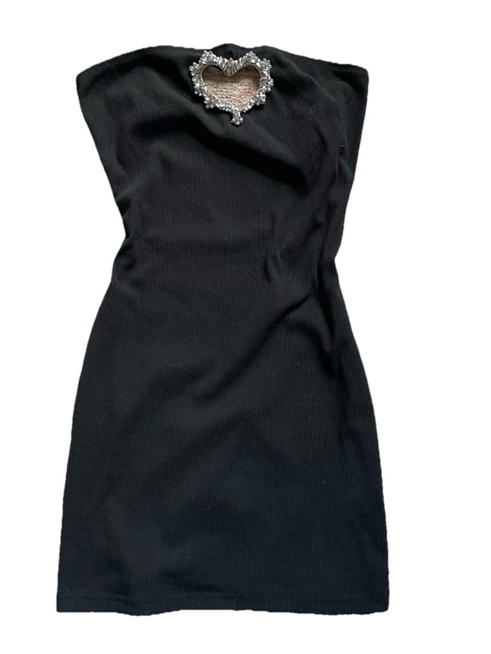 Black Strapless Bodycon Dress with Rhinestone Heart Cutout Party Whimsy Goth